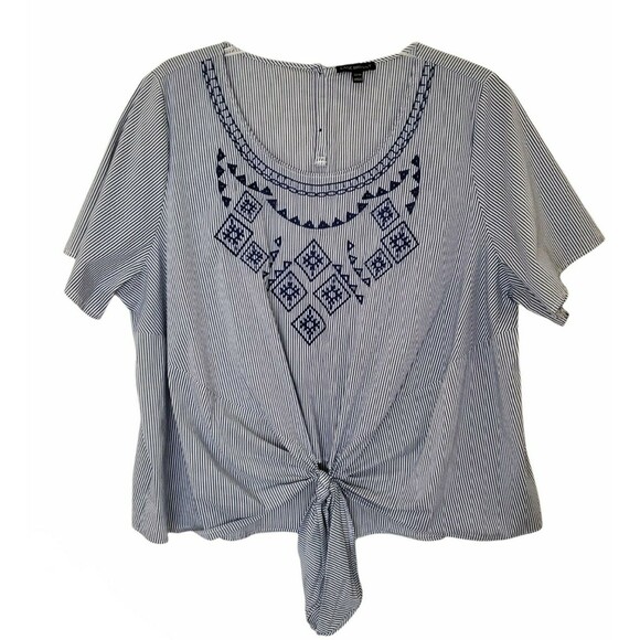 Lane Bryant Size 22/24 Top Stripe Short Sleeve Embroidered Tie Front Blue White - Picture 1 of 5